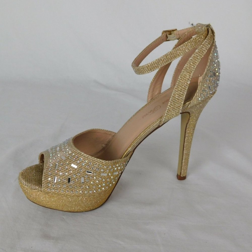 Fashion Focus Women Size 10 Gold Colored Rhinestone Peep Toe 5" Heel 1.5" Platfo - Picture 7 of 12